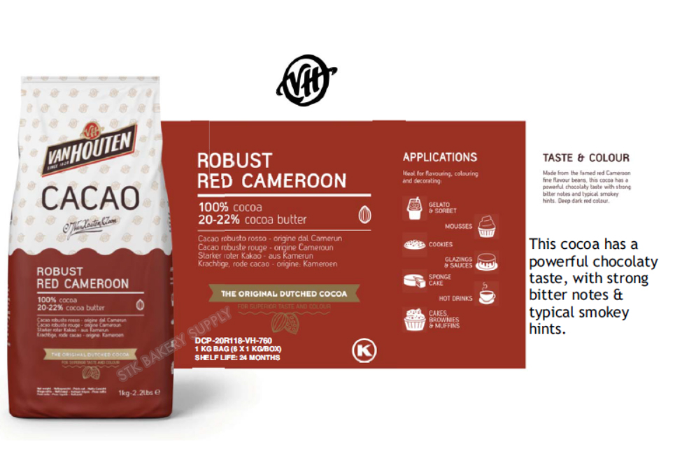 VAN HOUTEN 100% CACAO POWDER ROBUST RED CAMEROON (FAT 20-22%) (DCP-20R118-VH-760) 1 KG (1X6)