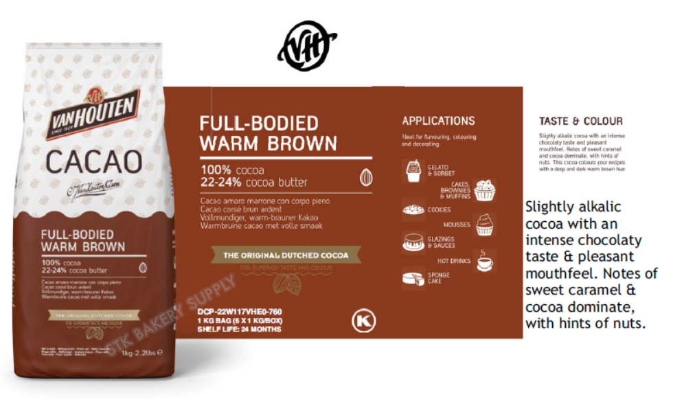VAN HOUTEN 100 % CACAO POWDER VH FULL-BODIED WARM BROWN (FAT 22-24%)(DCP22W117V)1KG(1x6)